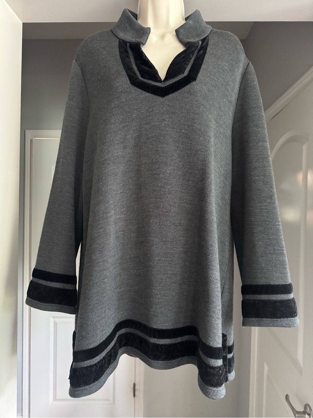 Soft Surroundings Gray Velvet-Trim Pullover Sweater